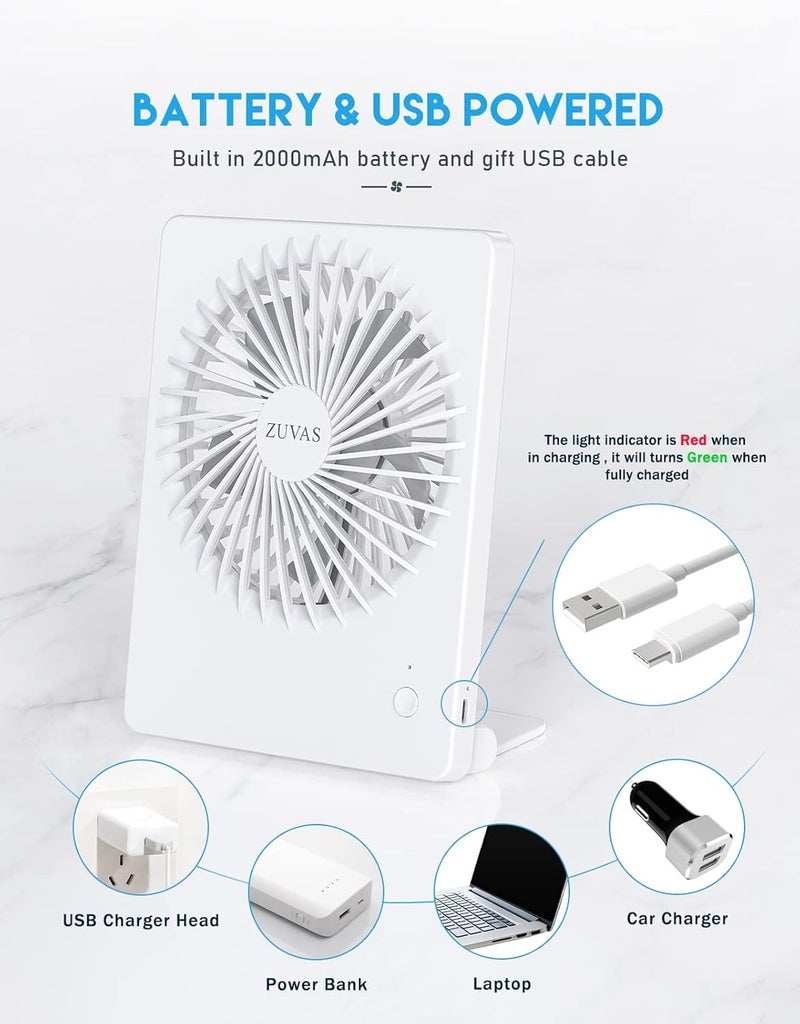 Zuvas Desk Fan Battery Operated Fan Rechargeable 180°Tilt Folding Personal Fan Ultra Quiet Small Portable 3 Speed Adjustable Strong Wind Fan For Office Bedroom Home Desktop Camping (White) - Image 4